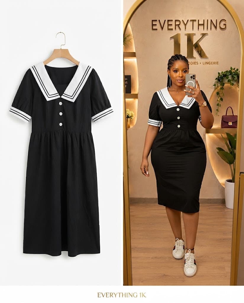 Black and White Corporate collar long sleeve midi dress