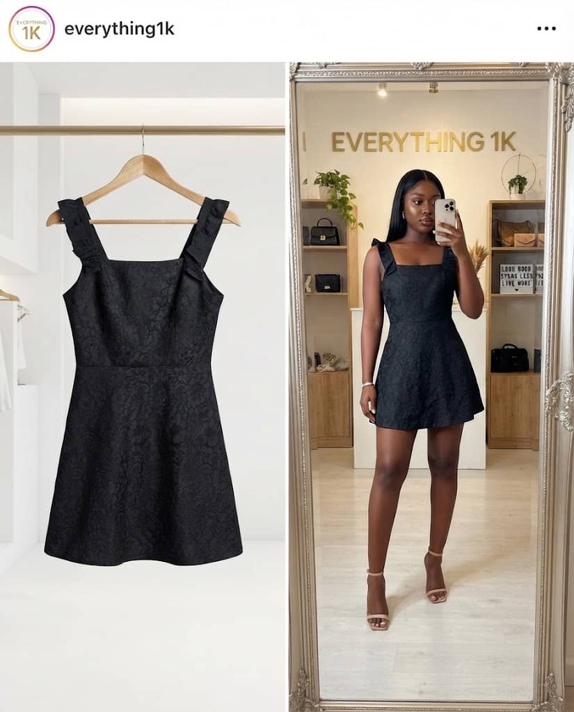 Black Jacquard Ruffled Strap Skater Mini Dress