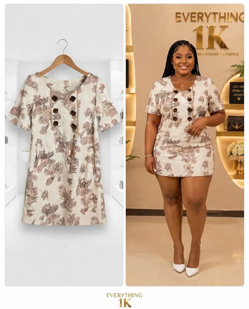 Cream & Brown Double-Breasted Floral Dress