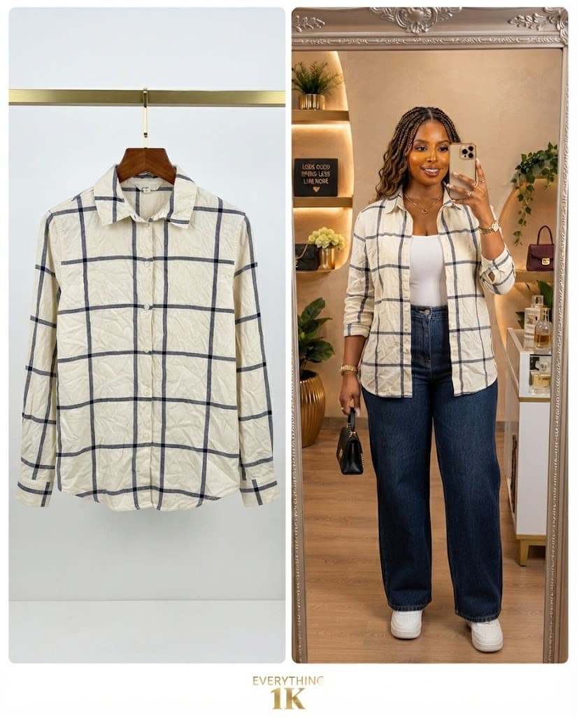 Casual Cream and Navy Grid Plaid Button-Down Shirt
