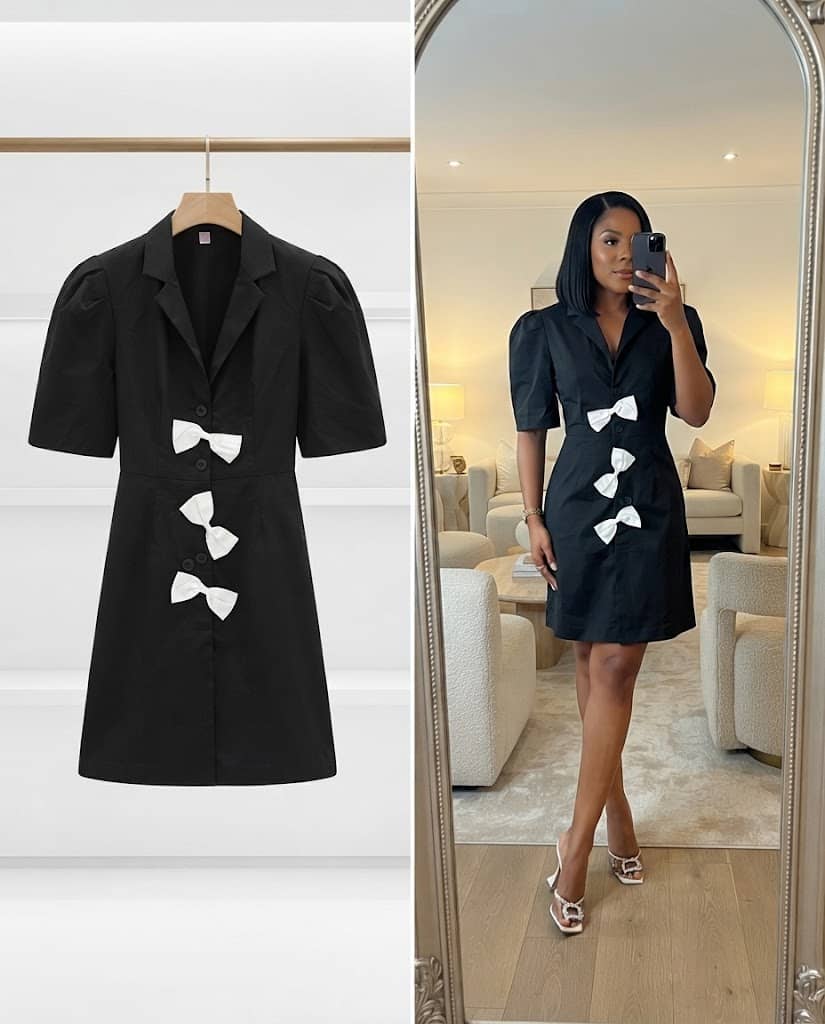 Black Short-Sleeve Blazer Dress With White Bows