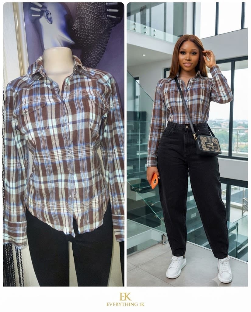 Ladies Brown & White Plaid Check Shirt