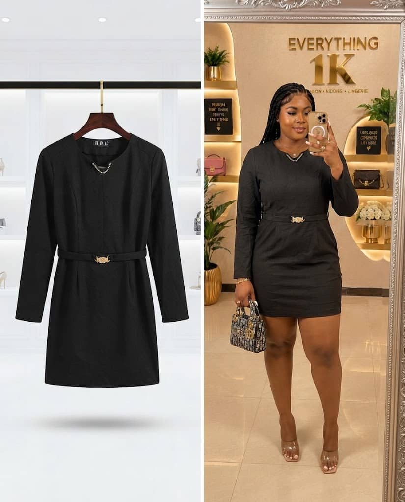 Black Long-Sleeve Dress with Crystal Trim and Belt