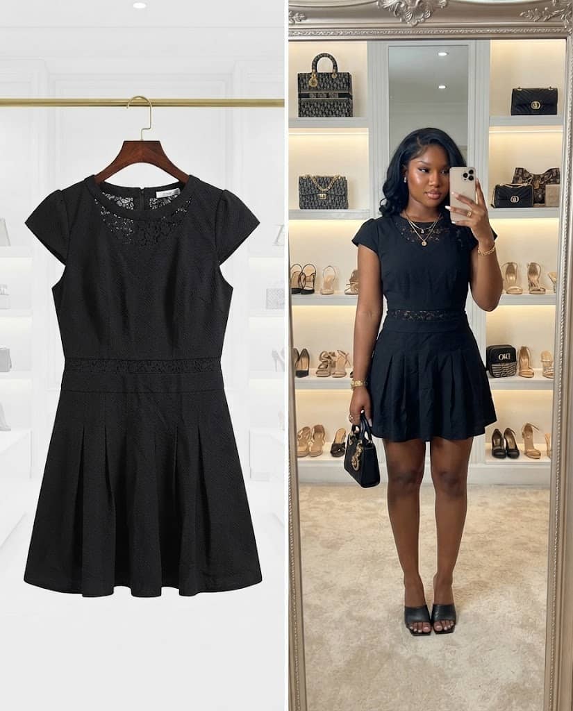 Black Cap-Sleeve Dress With Lace Detailing
