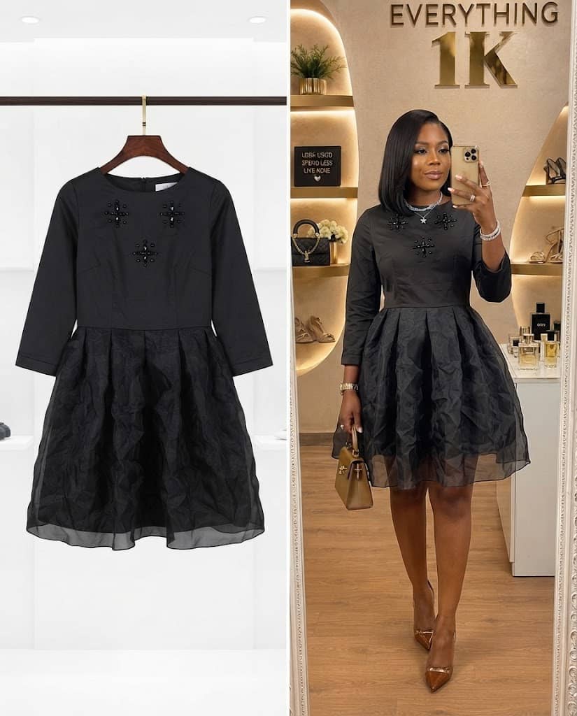 Black Dress with Embellished Bodice and Textured Skirt
