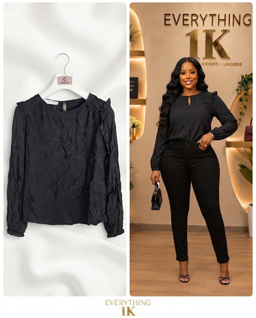 Corporate/Casual Black Dotted Textured Long-Sleeve Blouse