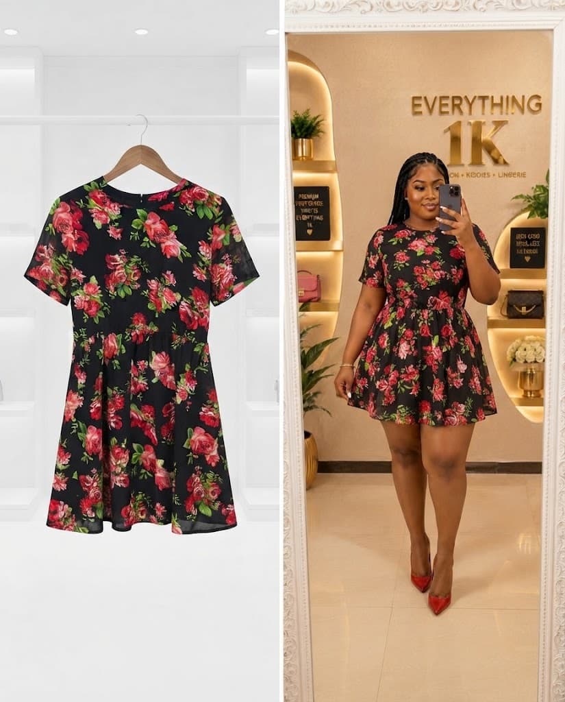 Black Red Floral Short-Sleeve Mini Party Dress