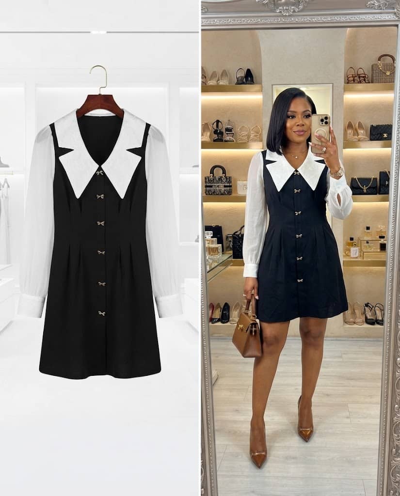 Black-and-White Collar Contrast V-Neck Mini Dress
