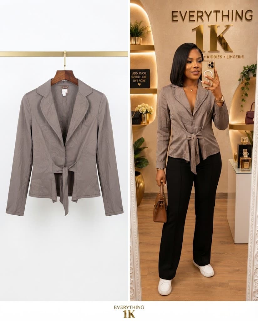Corporate Taupe Long-Sleeve Tie-Front Blazer Jacket