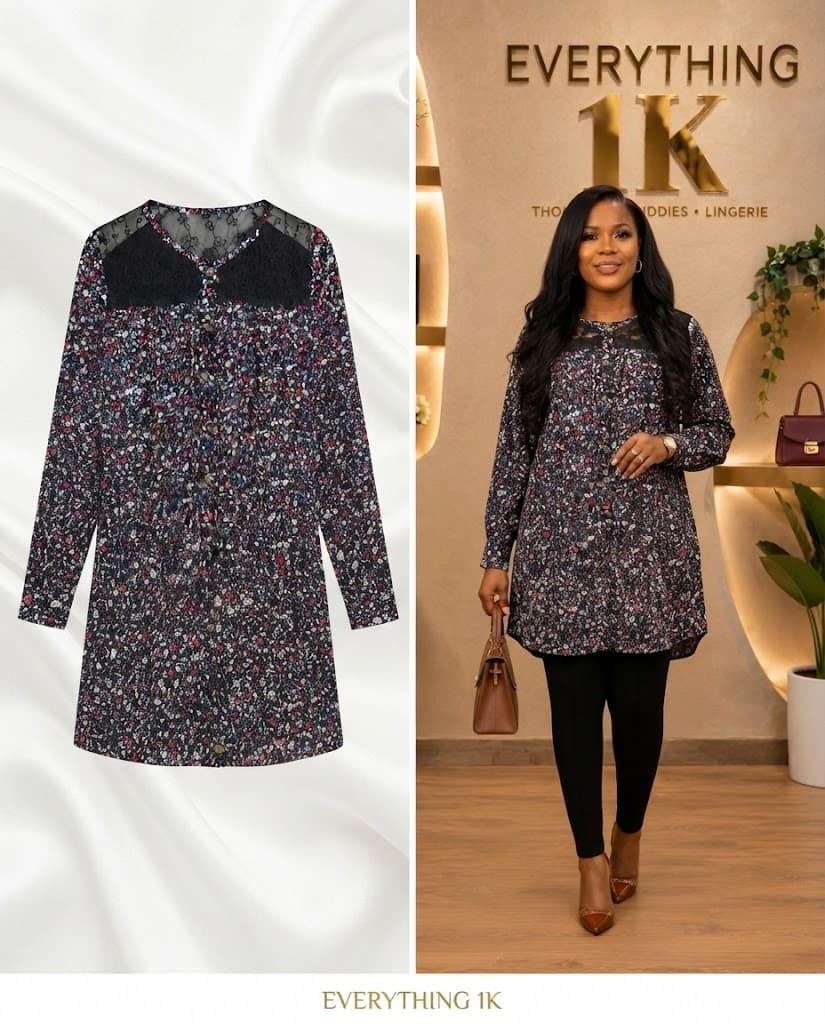 Casual Black Multi-Color Floral Long-Sleeve Tunic with Lace Yoke