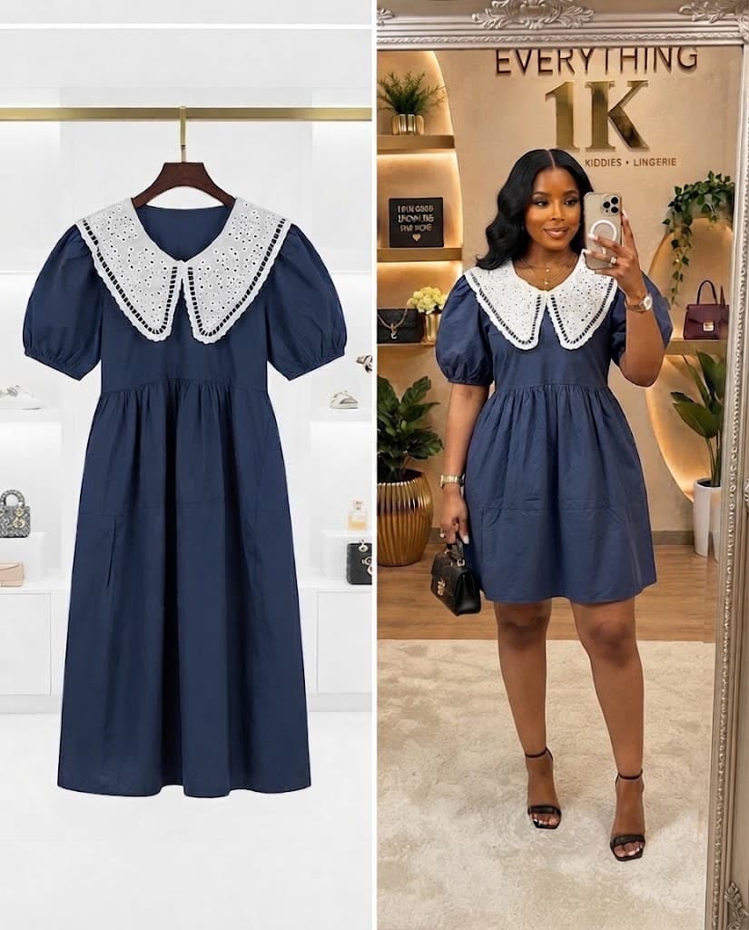 Navy Blue Eyelet Collar Corporate Midi Dress