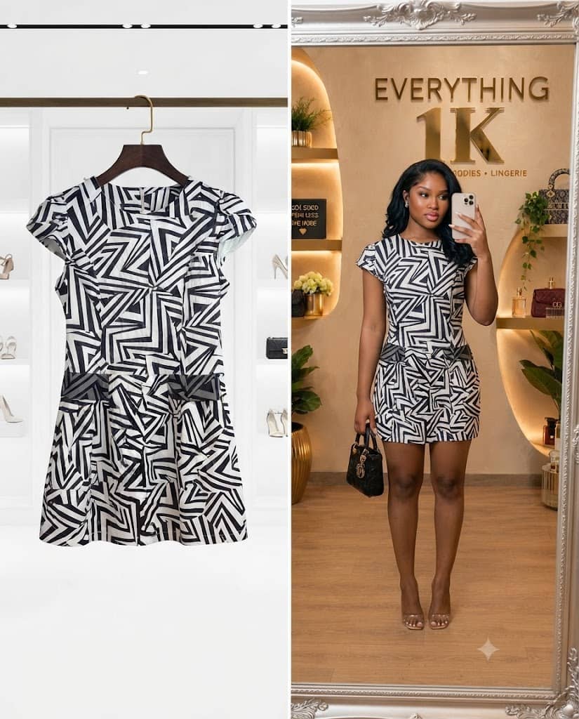 Black and White Geometric Abstract Print Mini Dress