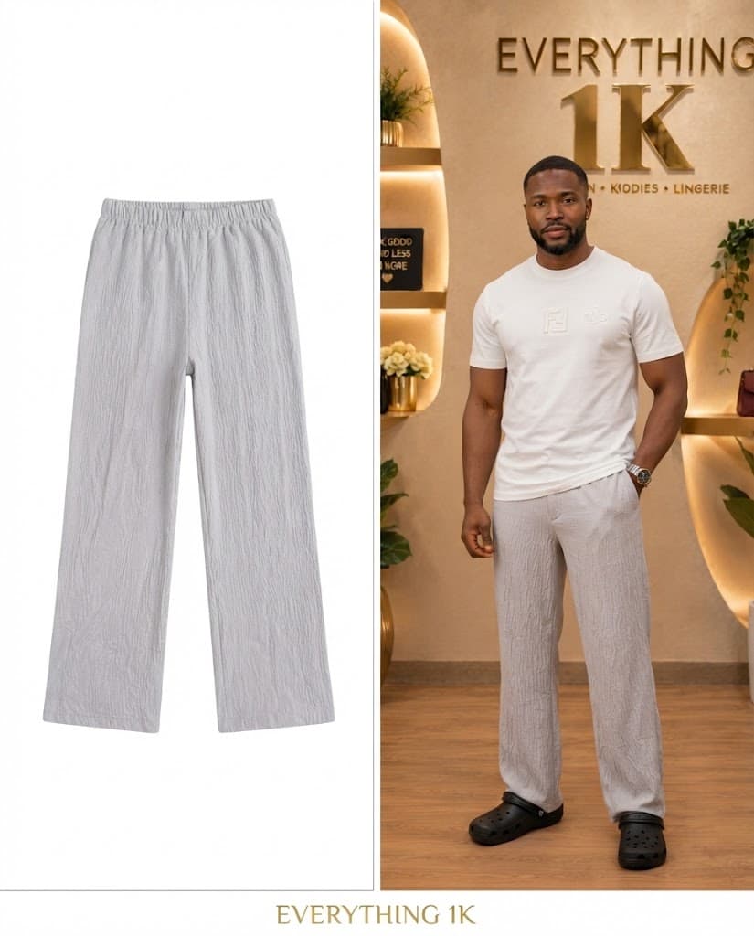 Light Grey Textured Men's Wide-Leg Trousers