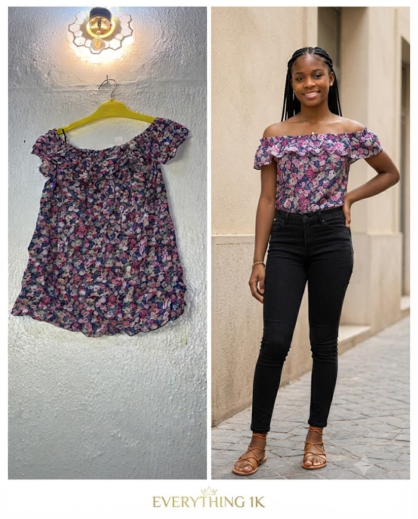Girls Floral Off-Shoulder Ruffle Top: Pink and Blue Ditsy Floral Blouse 14-16 Years