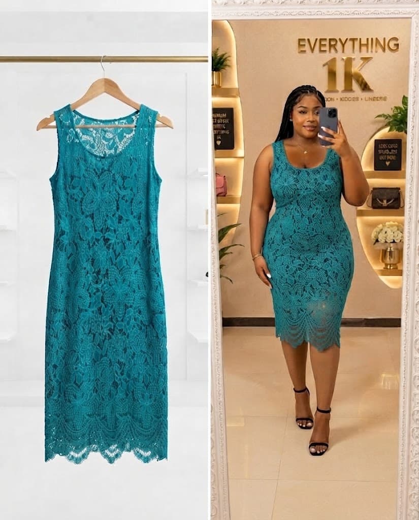 Teal Blue Lace Fitted Midi Dress