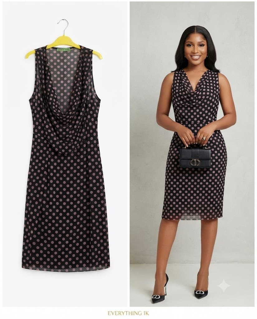 Black and Brown sleeveless Polka Dot Cowl Neck Dress