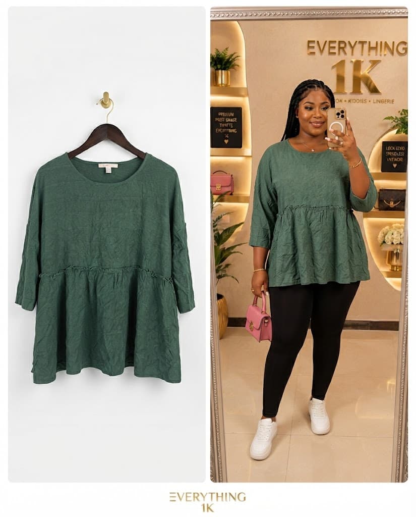 Casual Sage Green Three-Quarter Sleeve Smocked Tunic Top