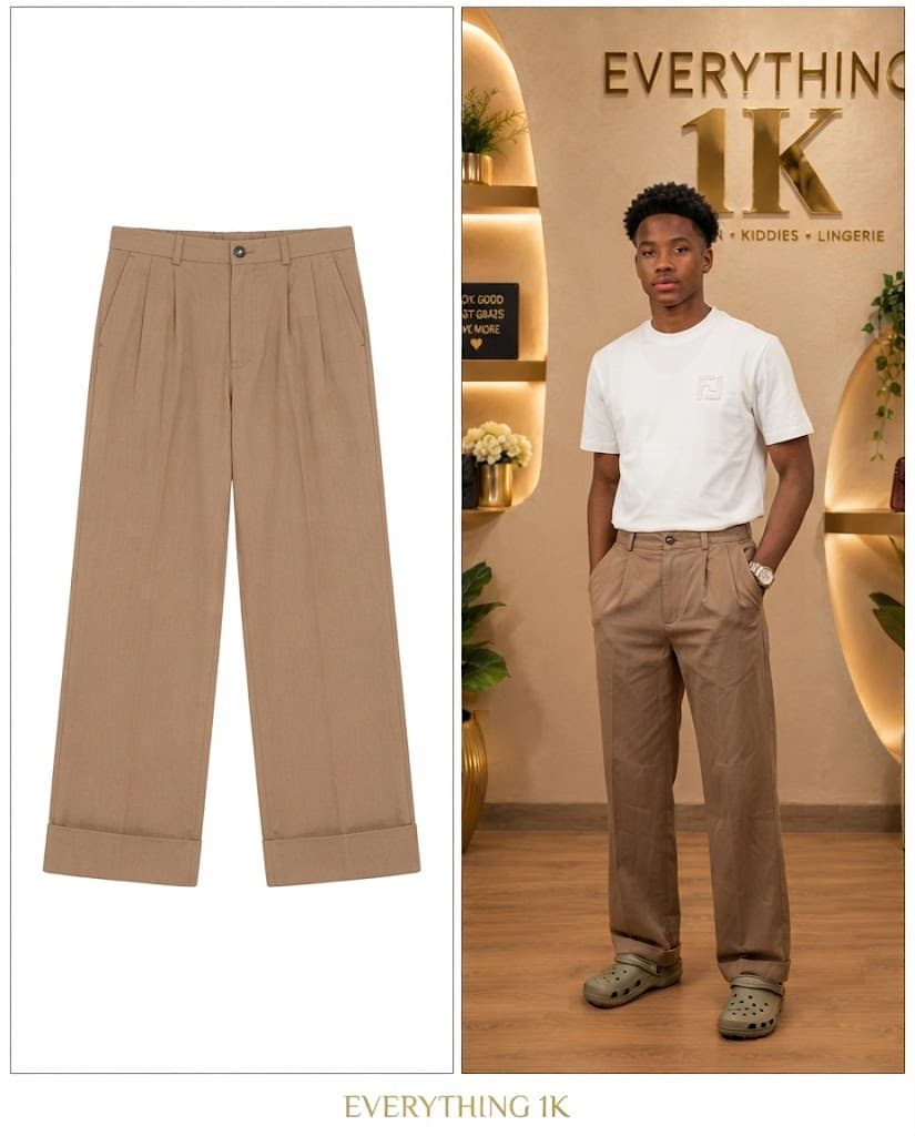 Brown Pleated Men’s Wide-Leg Trousers