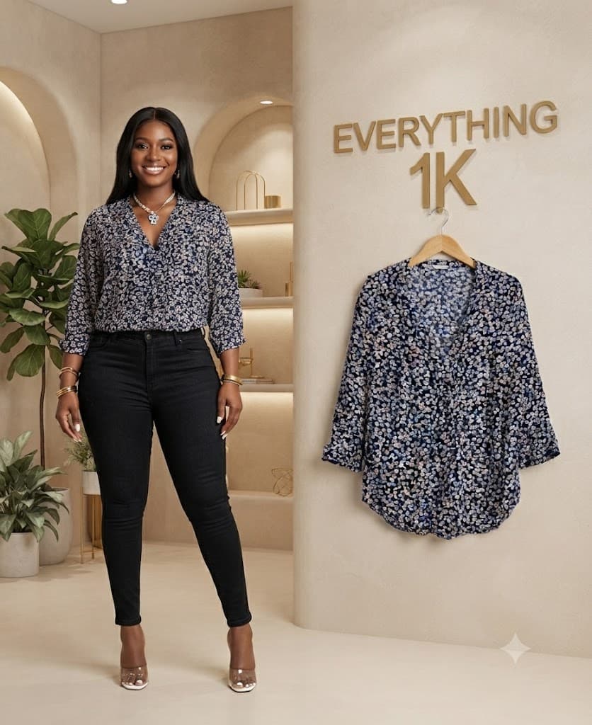 Blue Ditsy Floral V-Neck Blouse: Long-Sleeve Casual Printed Tunic Shirt