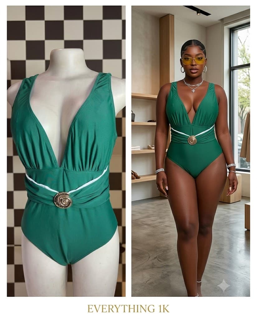 Green V-Neck Plunge One-Piece Swimsuit with Shell Buckle Belt