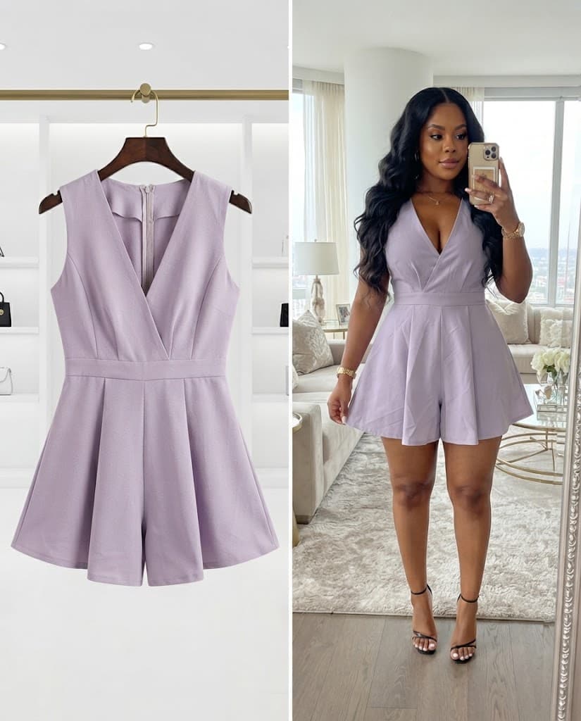 Pastel Lavender V-Neck Pleated Romper
