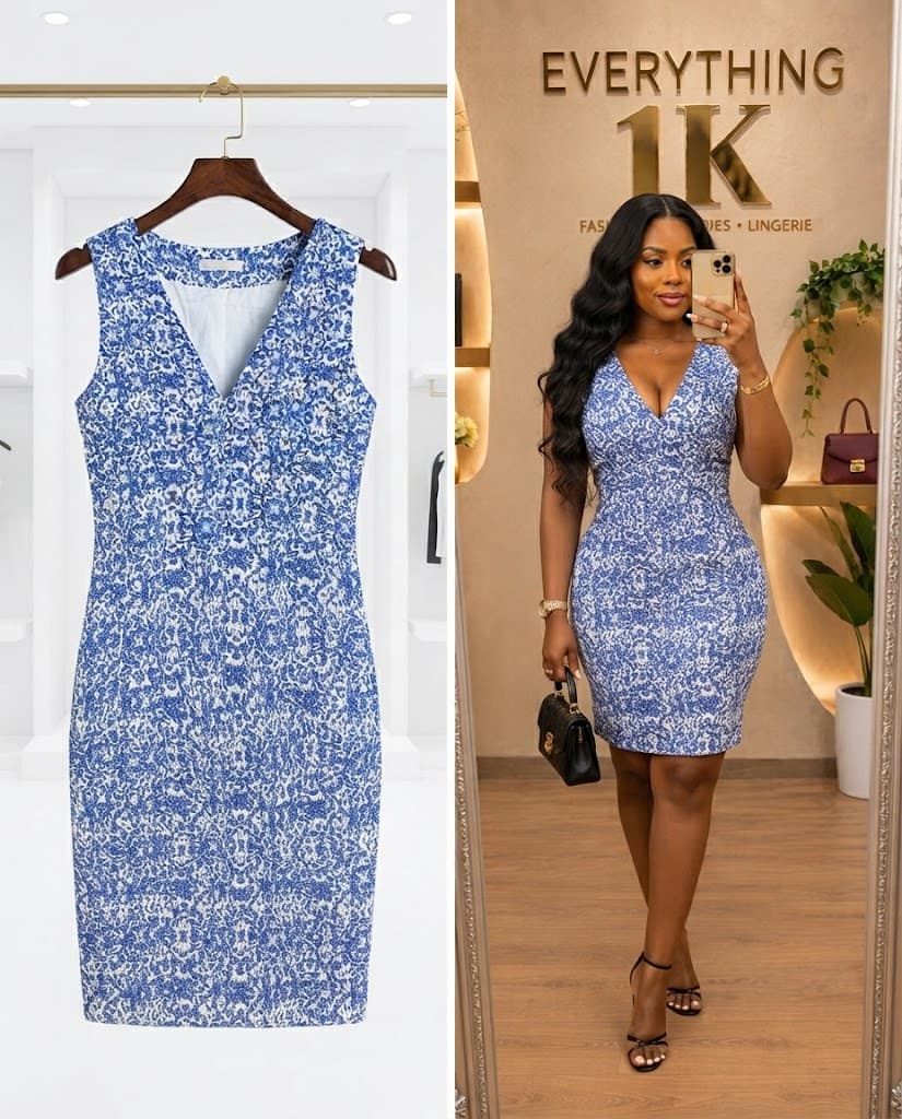 Blue and White Patterned V-Neck Mini Dress