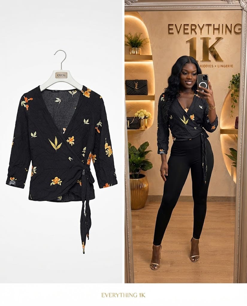 Black Floral Casual Wrap Top with Side Tie