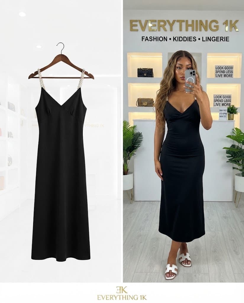 Black Pearl Strap Slip Dress