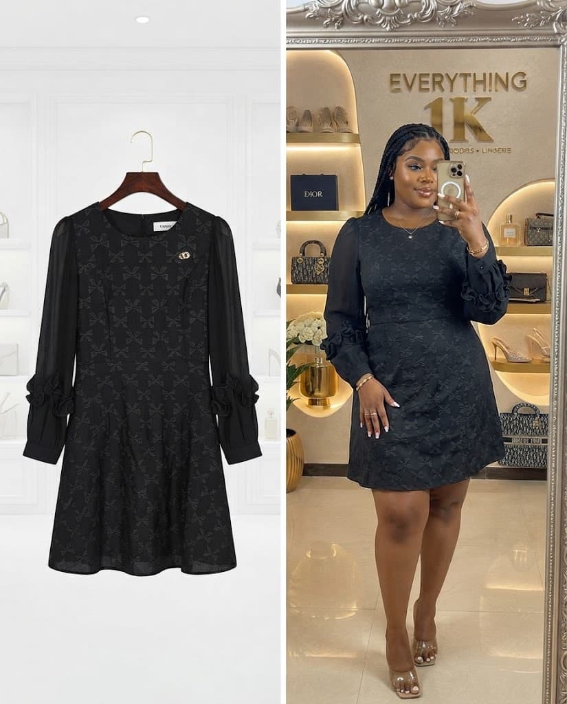 Black Bow-Pattern Jacquard Mini Dress with Ruffle Sleeves