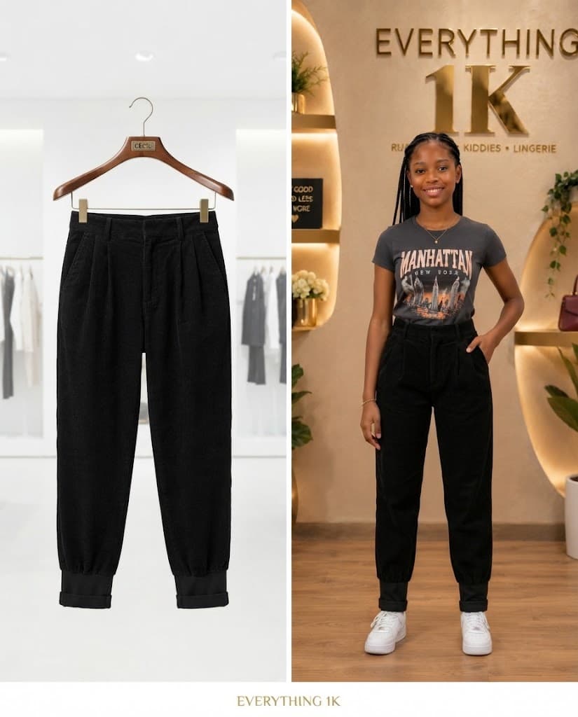 Black Pleated Cuffed Jogger Pants (Ages 11-12)