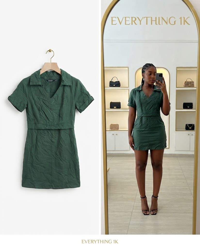 Forest Green Short-Sleeve Collared Mini Dress