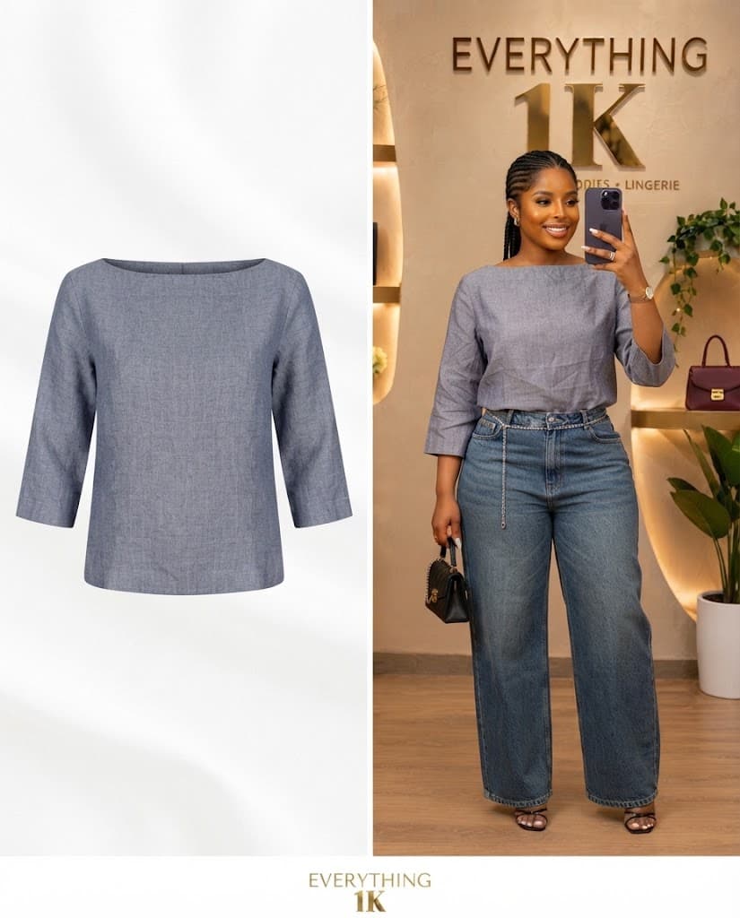 Casual Blue Boat-Neck Long-Sleeve Top