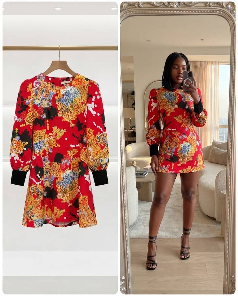 Red Gold Baroque Print Puff Sleeve Mini Dress