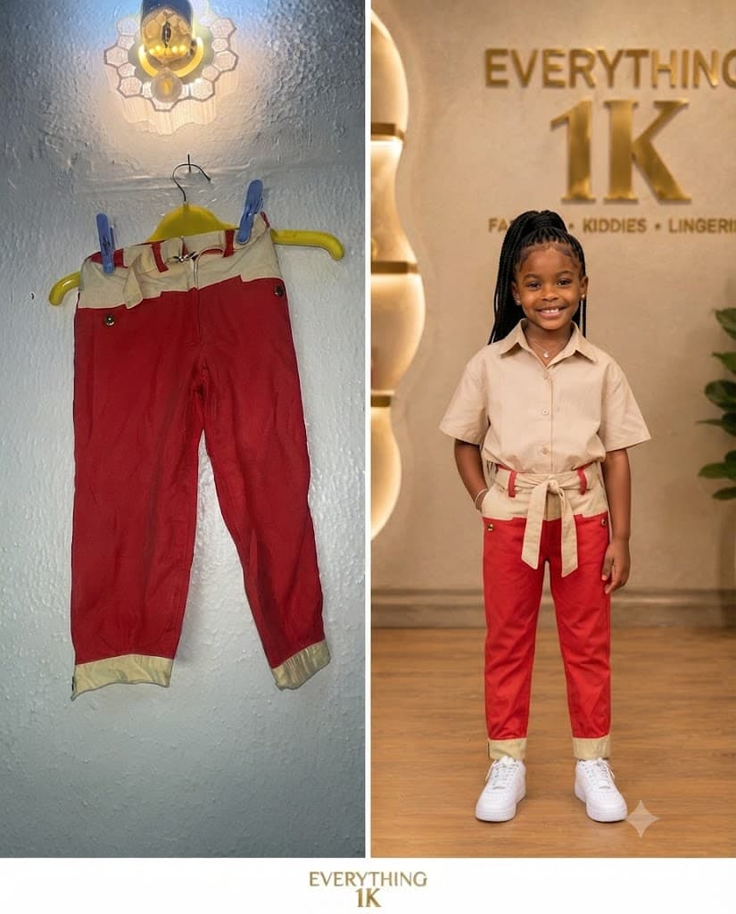 Girls Red & Beige Colorblock Trousers: Belted Two-Tone Cargo Pants 3-4 Years