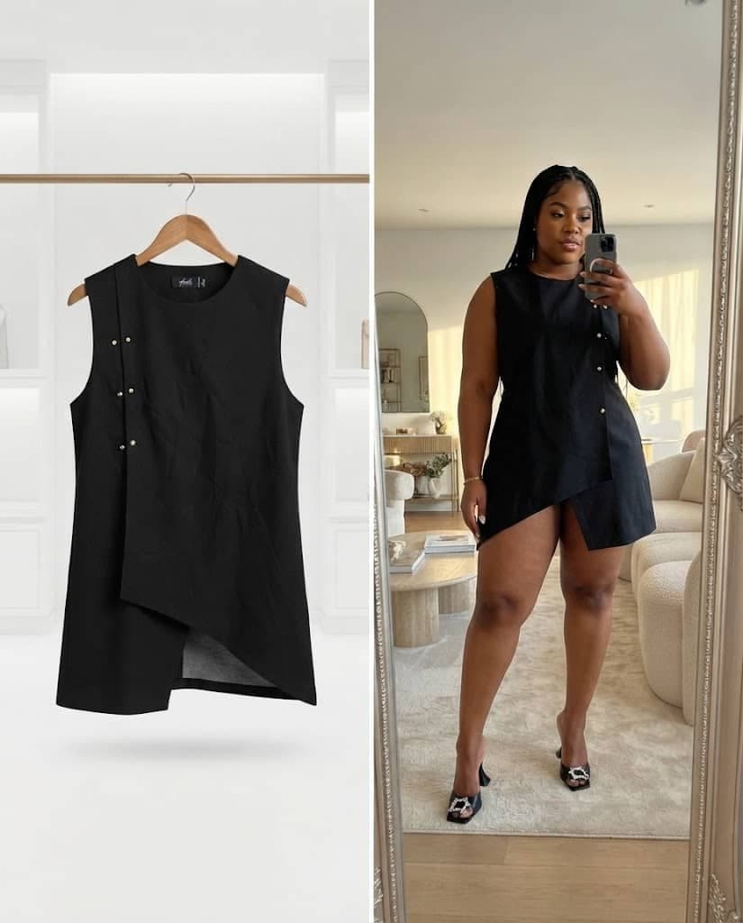 Black Sleeveless Asymmetric Button-Detail Tunic Dress