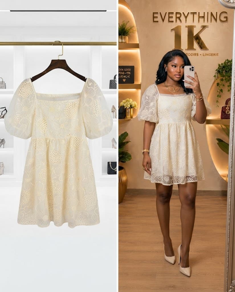 Cream Eyelet Floral Puff Sleeve Party Dress