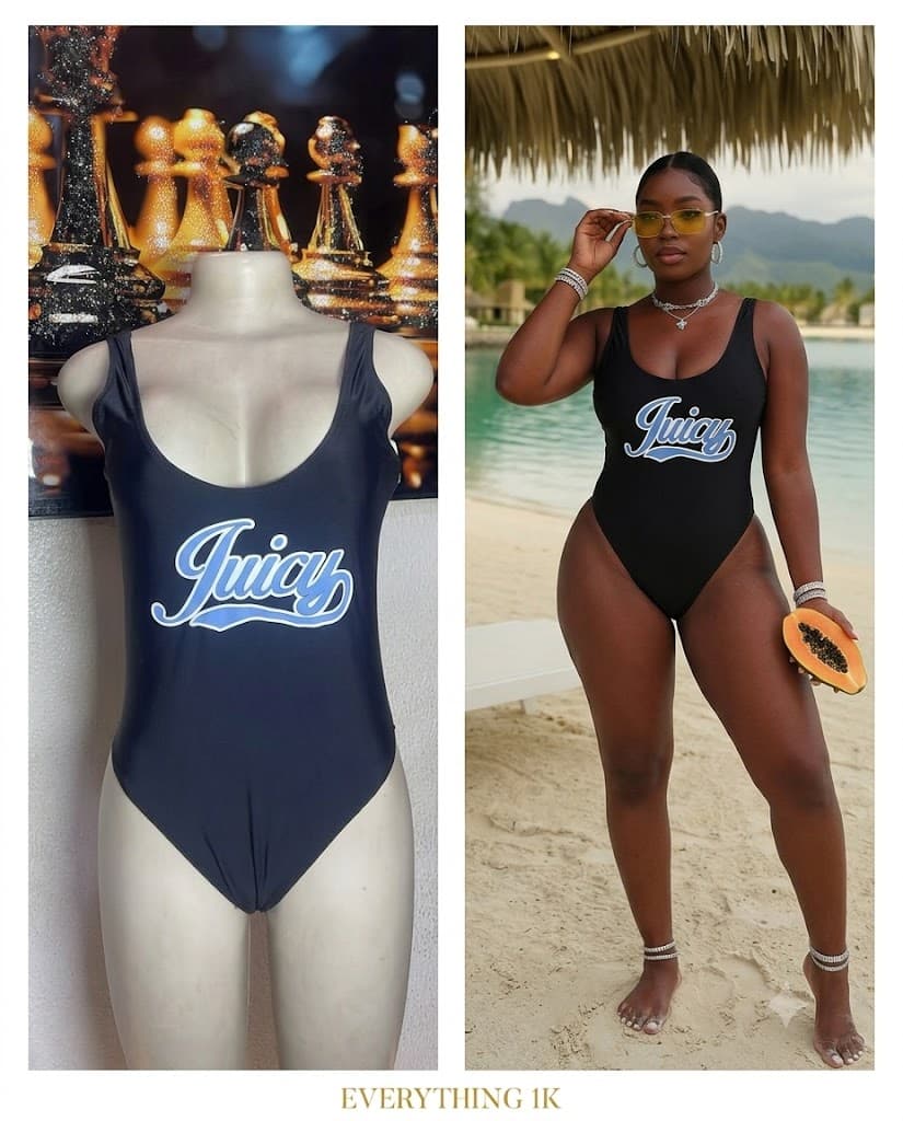 Black "Juicy" Script Scoop Neck One-Piece Swimsuit