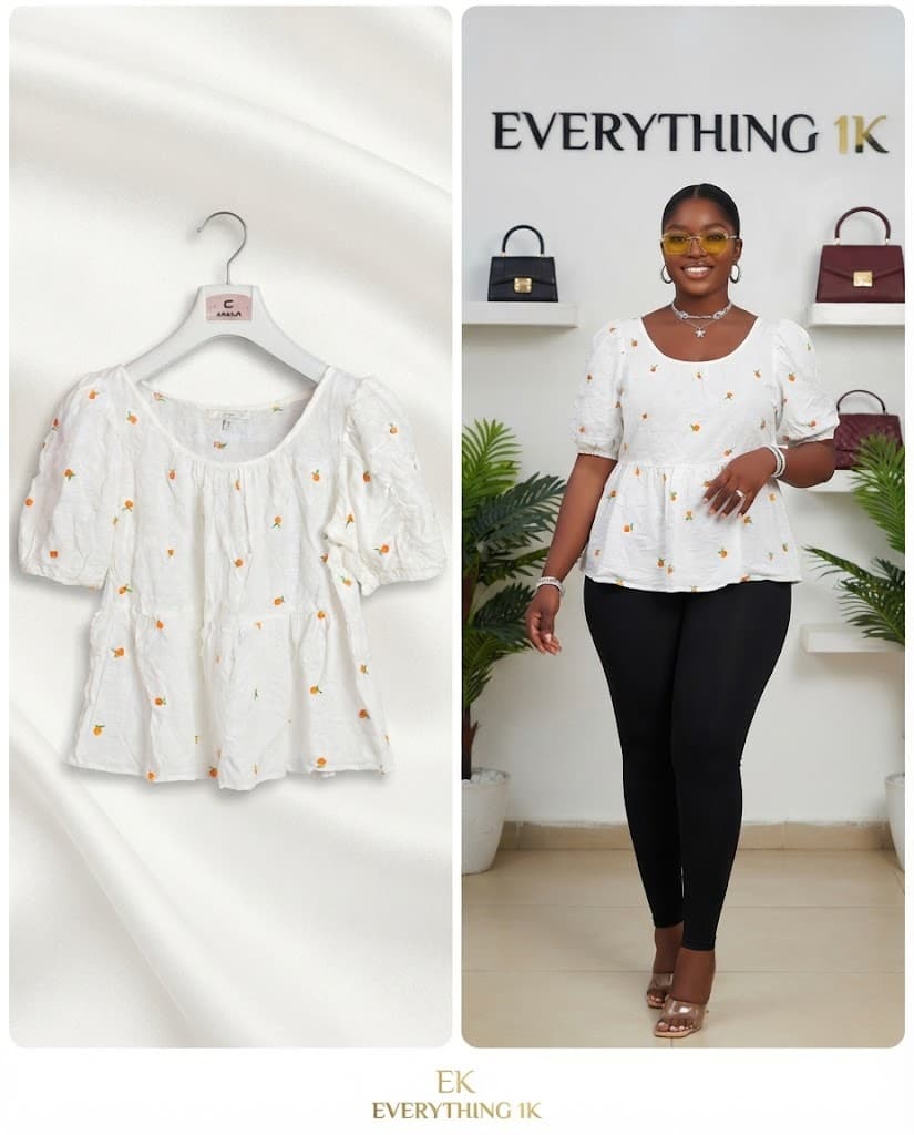 Casual White Orange Floral-Embroidered Peplum Blouse