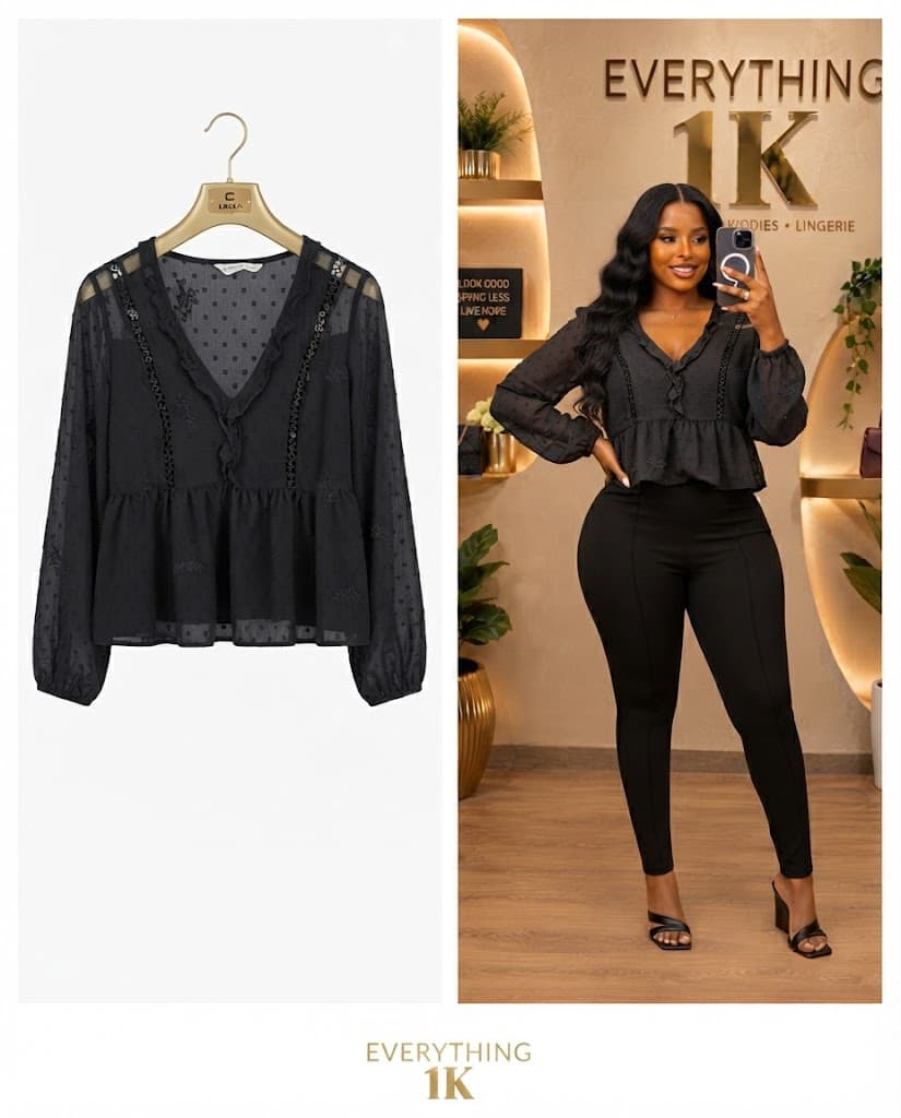 Party Black Sheer Dot Peplum Blouse with Lace Trims