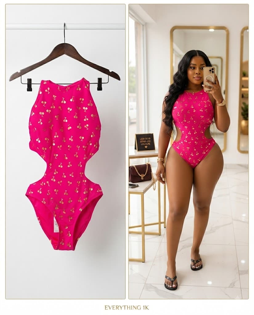 Pink Cherry Print Cutout Monokini