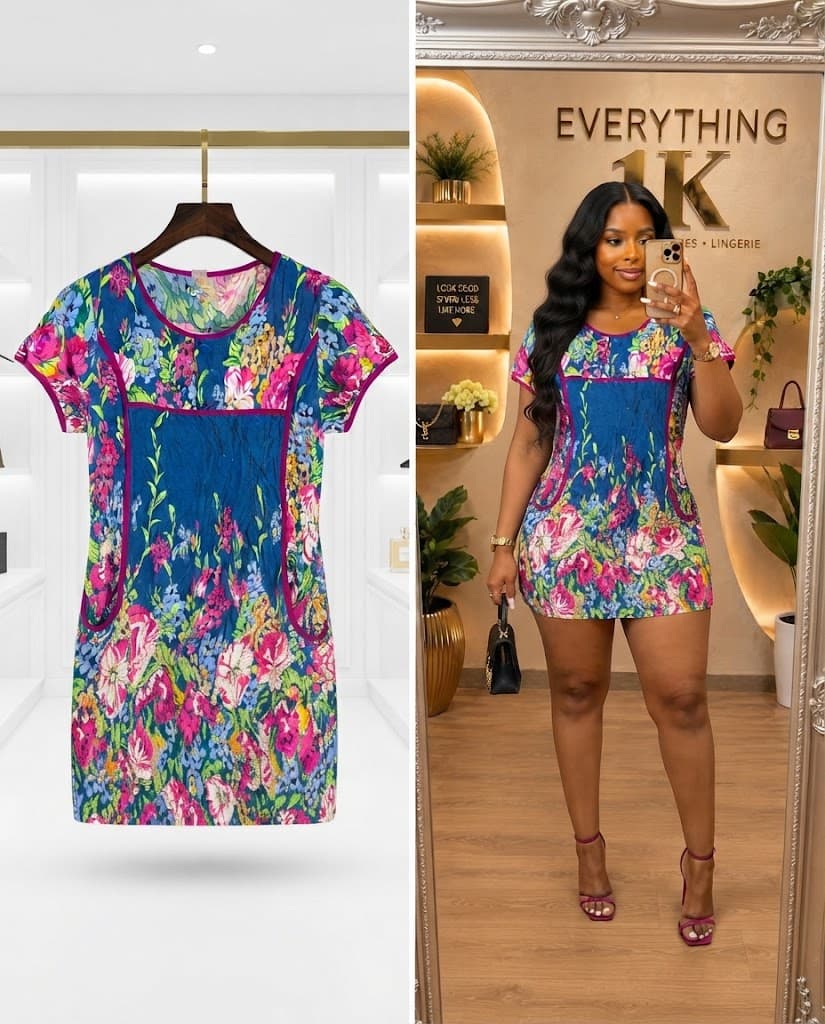 Bright Floral Short Sleeve Mini Dress with Contrast Trim