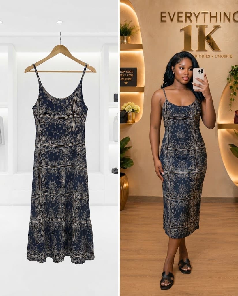 Navy Blue Bandana Print Midi Dress