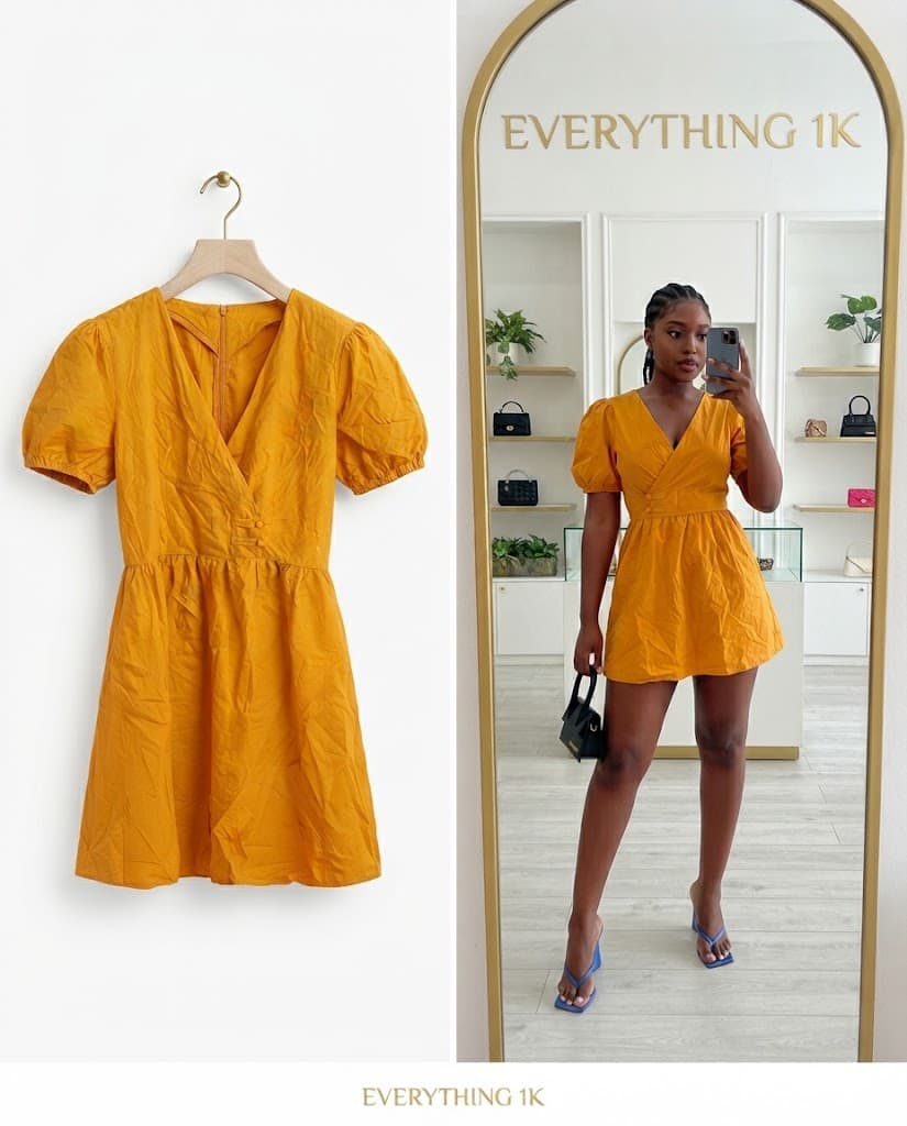 Mustard Yellow Puff-Sleeve Wrap-Style Mini Dress