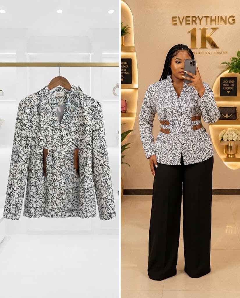 Printed Ruffle-Trim Jacket with Double Buckle Waist