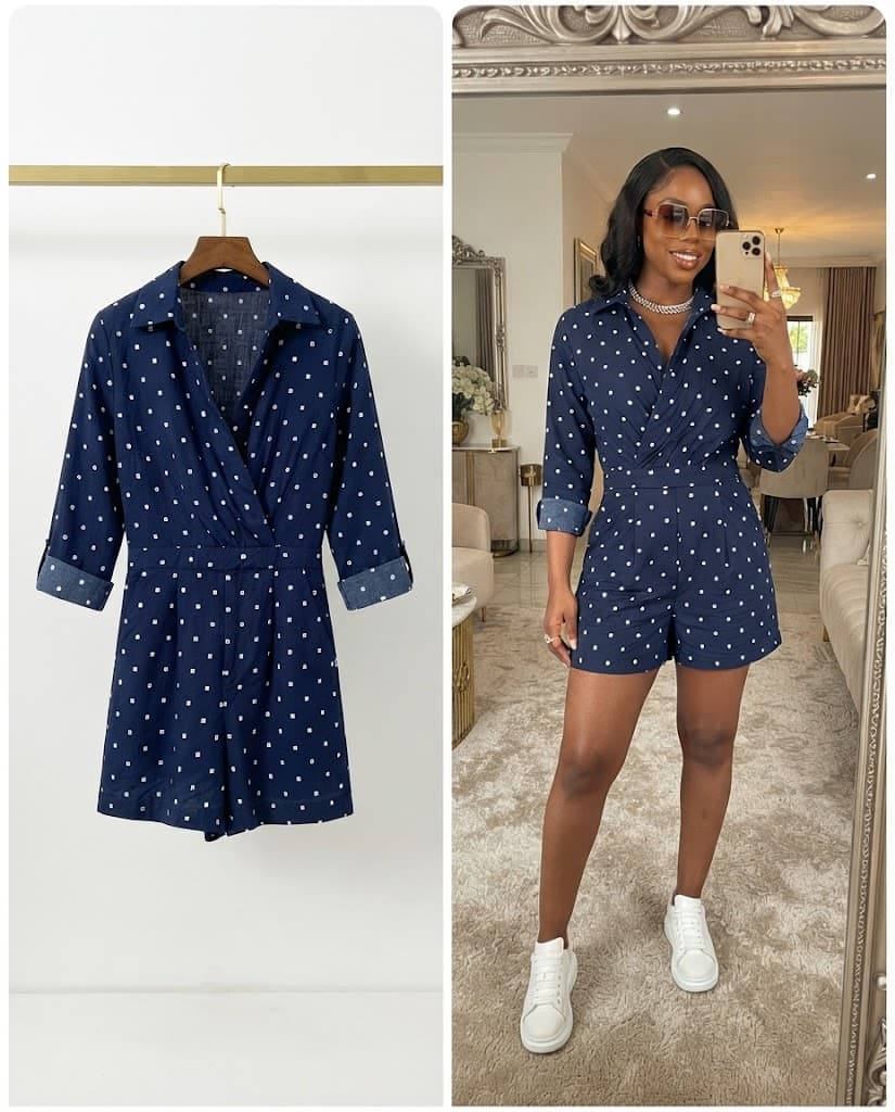 Navy Blue Polka Dot Wrap-Style Shirt Jumpsuit