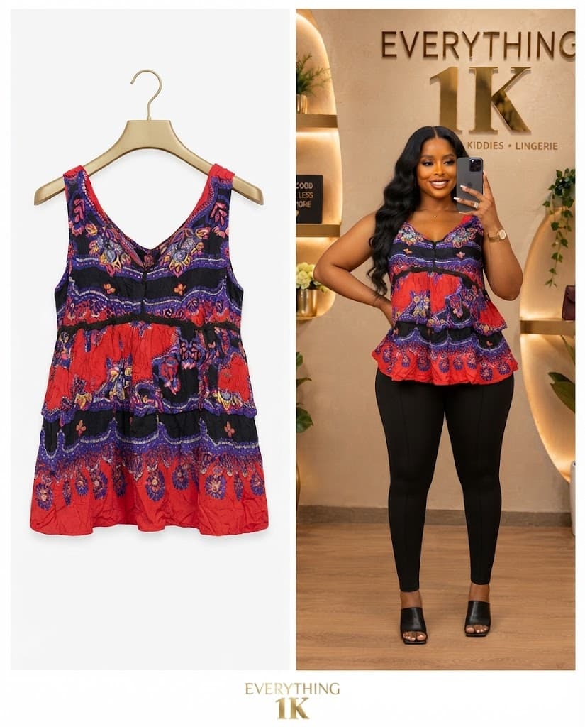 Casual Red and Black Paisley Tiered Sleeveless Top