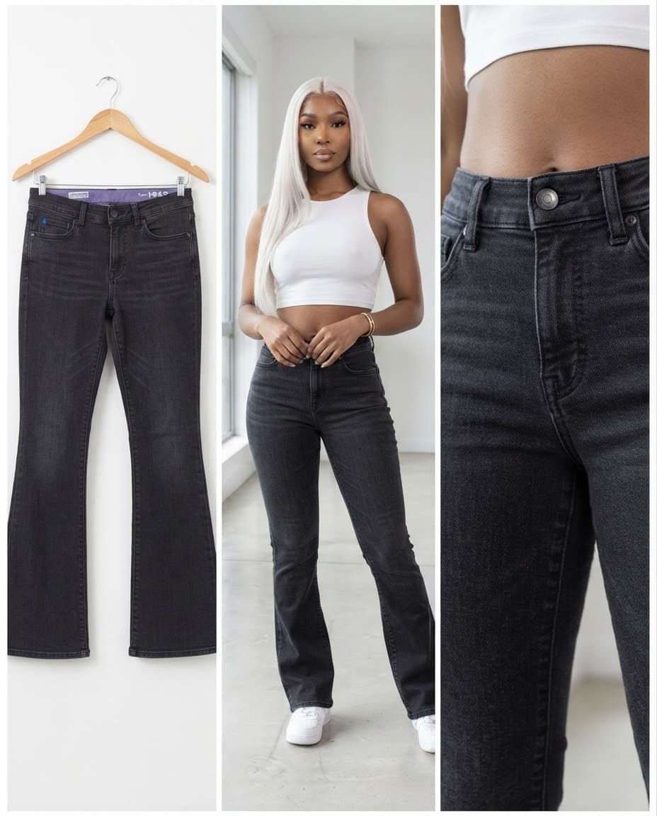 Black Flared Hem Denim Trousers 30