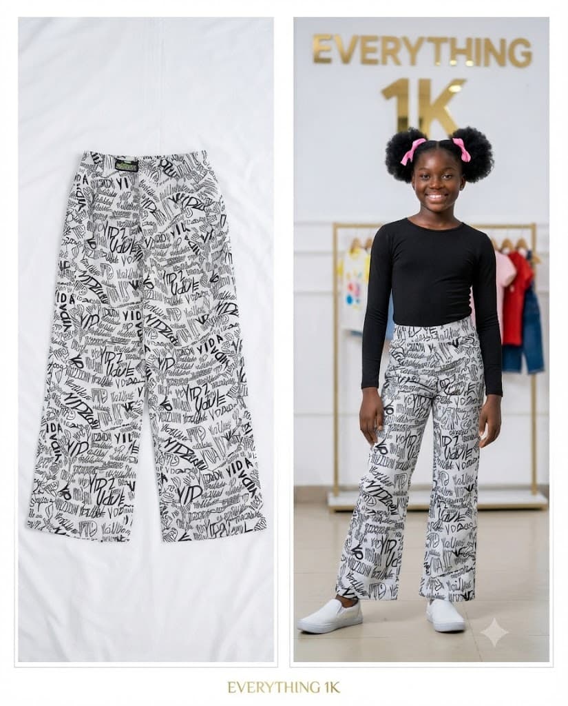 Unisex Black & White Graffiti Print Pants: Kids' Artistic Typography Wide-Leg Trousers 6-7 Years