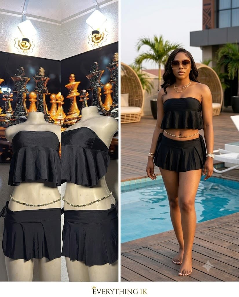 Three Piece Black Ruffle-Hem Tube Top, pant,& Skirt Swimsuit Set