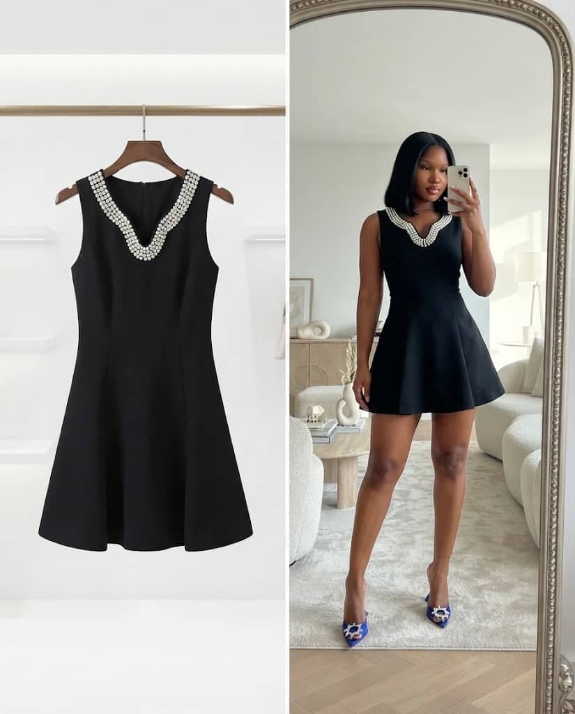 Black Sleeveless Pearl-Trim V-Neck Mini Dress